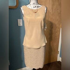 Maggy L Elegant Lace Pencil Skirt in Cream with Swoop Back Accent on Draped Tank